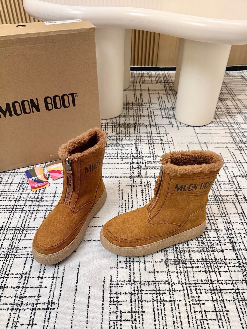 Moon Boot Chestnut Tan Suede Shearling Mid-Calf Boots(box not included)